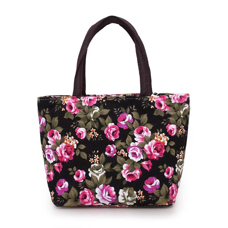 Floral-patterned tote bag on a white background
