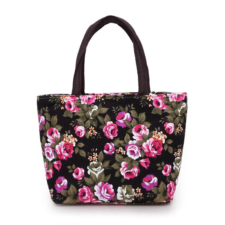 Floral-patterned tote bag on a white background