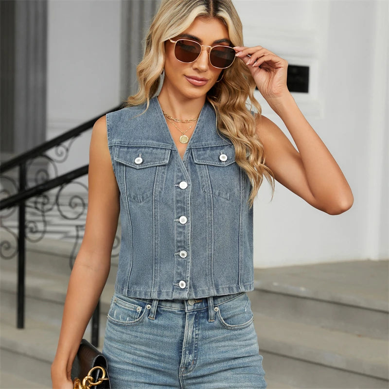 Woman wearing a denim vest and sunglasses outdoors.