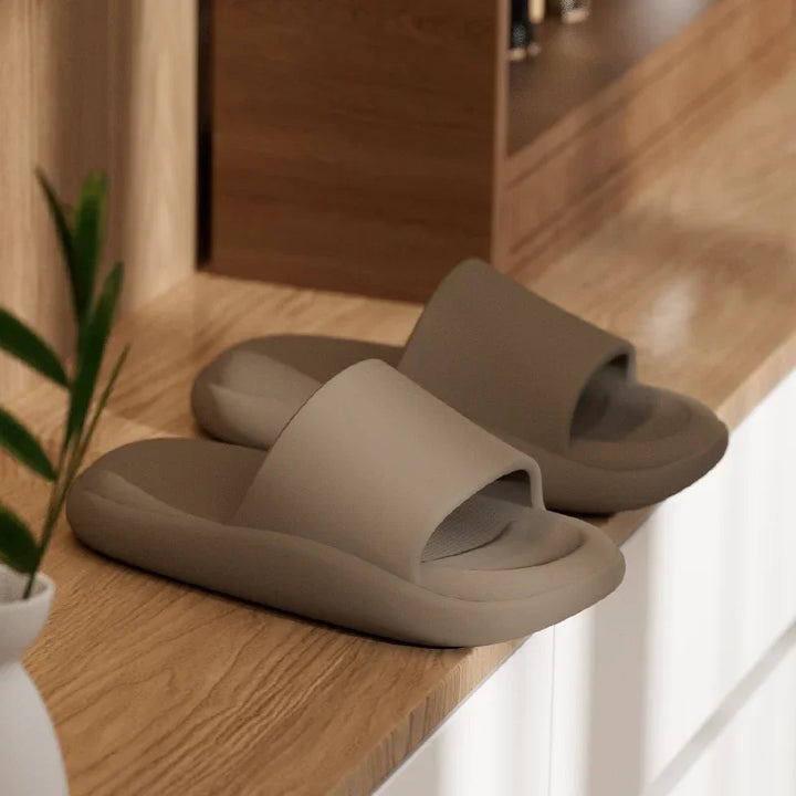 Pair of beige slippers on a wooden surface with a plant in the background
