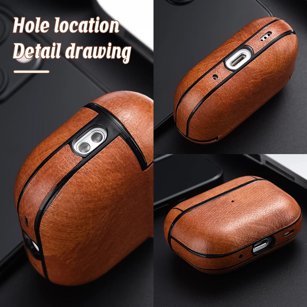 Brown leather-style case with black stitching on a dark background