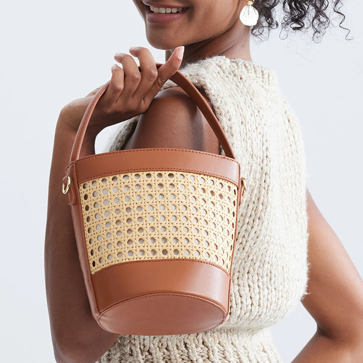 Lana Woven Leather Mini Bucket Bag - London Lake