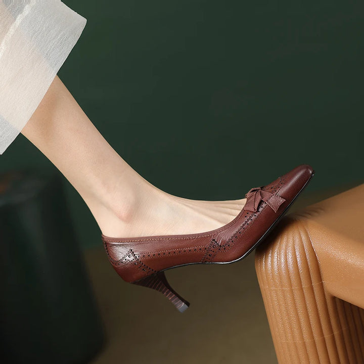 Square Toe Vintage Leather Bowknot Heels - London Lake