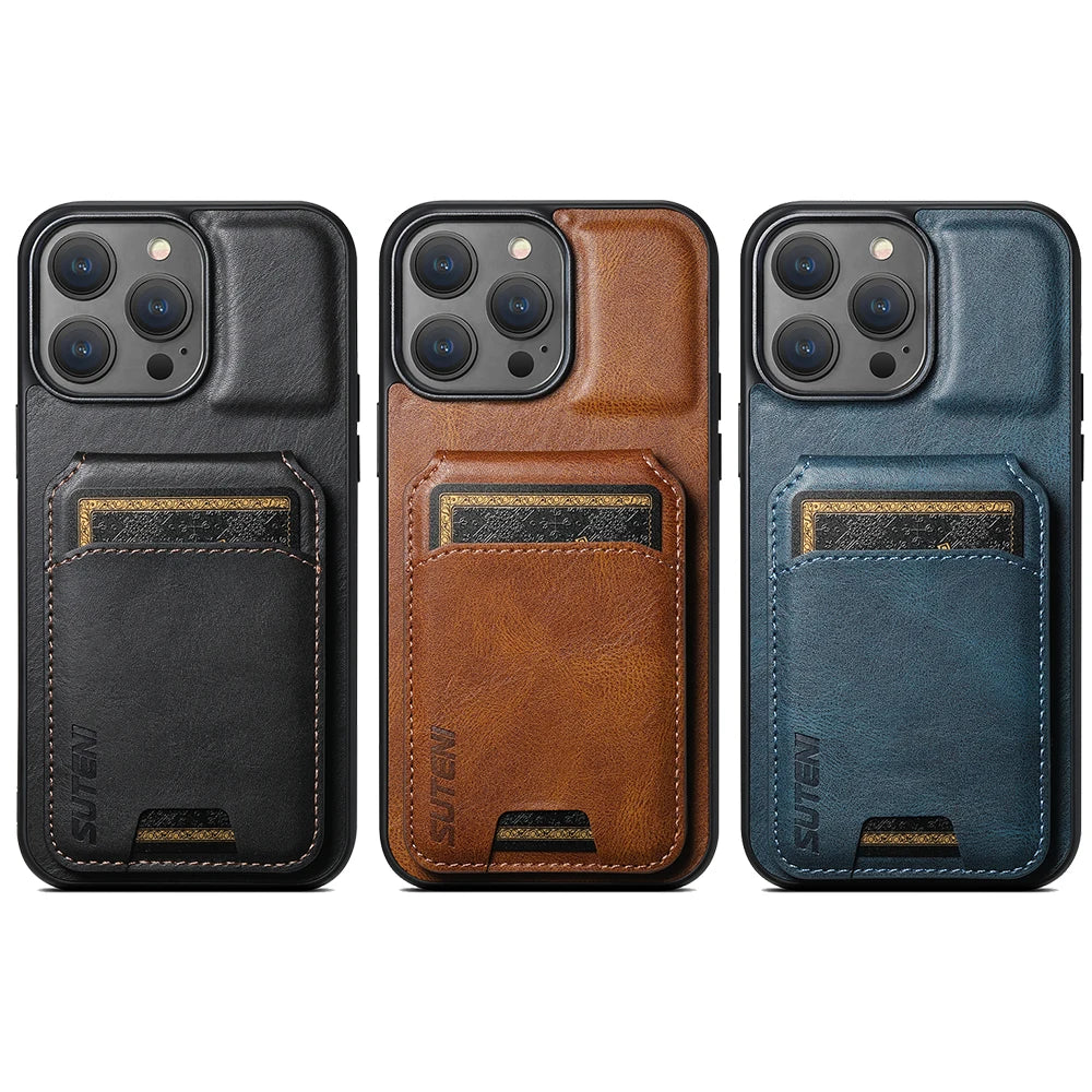 Three phone cases in black, brown, and blue with card slots on a white background