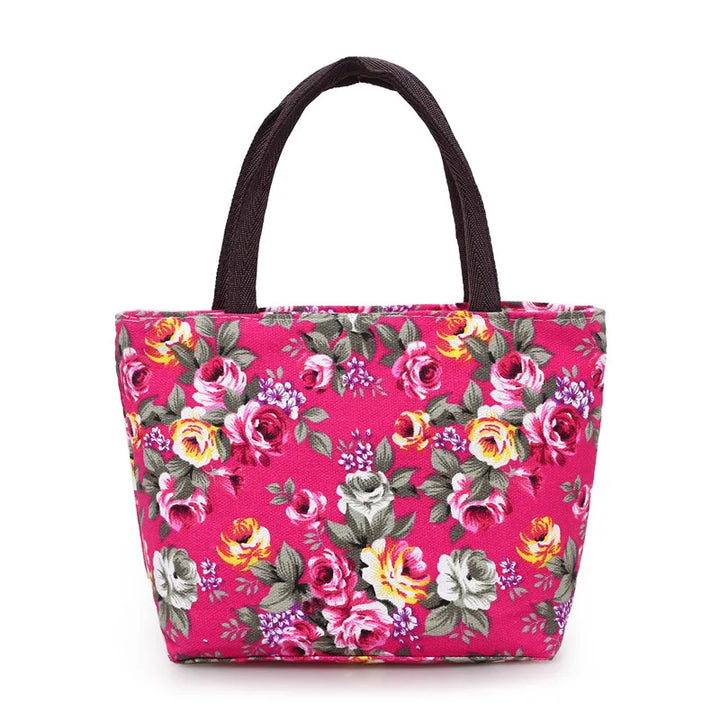 Floral-patterned tote bag on a white background