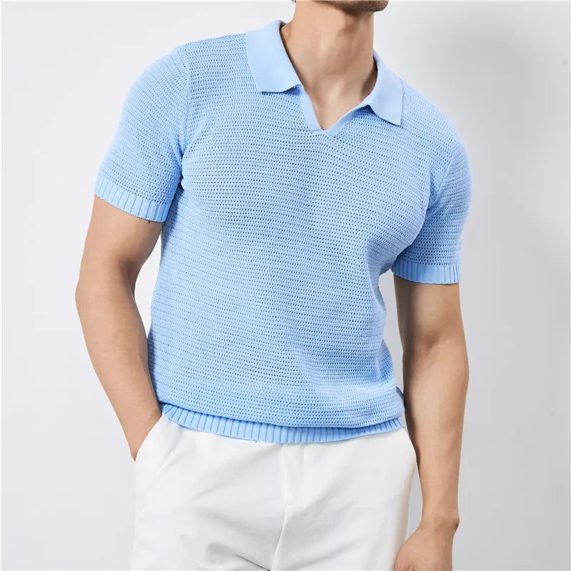 Marcus Mesh-Knit Polo - London Lake