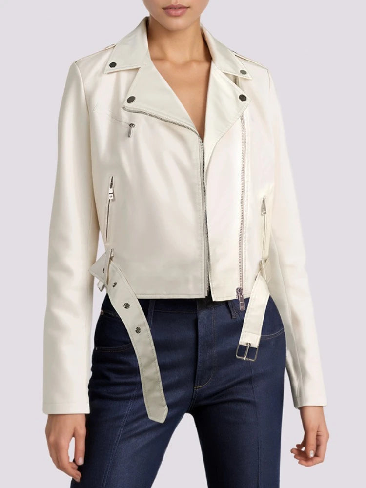 Zipper Short Faux Leather Motorcycle Jacket - London Lake