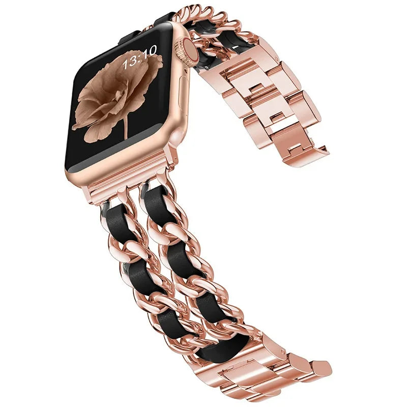 Apple Smartwatch with a rose gold chain-style band on a white background