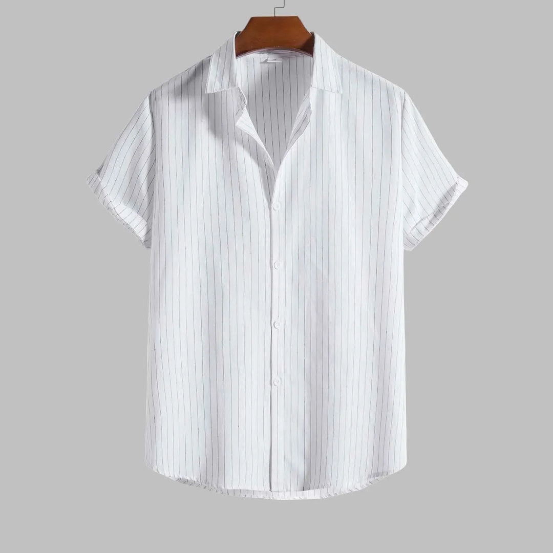 White striped shirt on a hanger against a gray background
