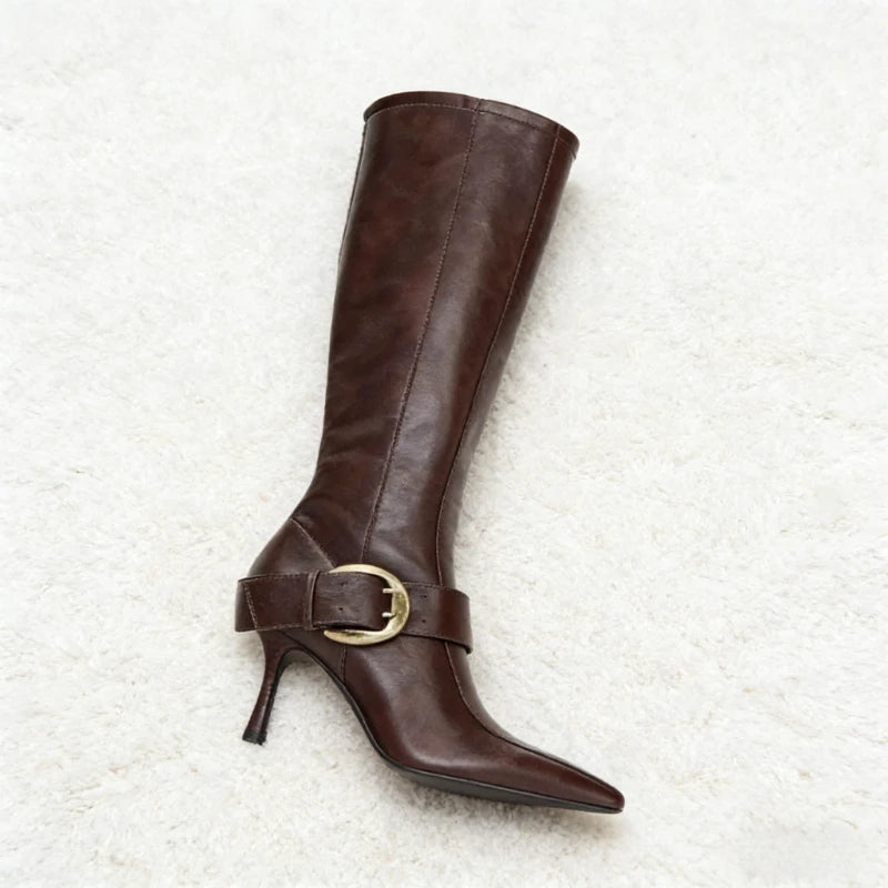 Gold Buckle Leather Knee high Boot - London Lake