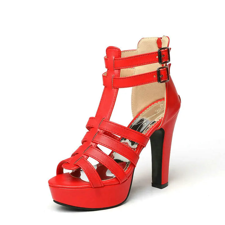Red high-heeled sandal with multiple straps on a white background