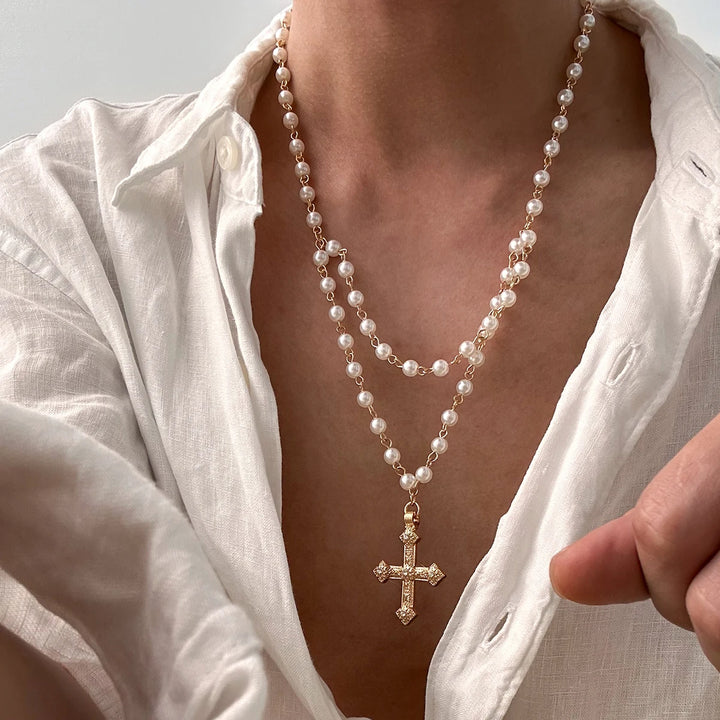 Rosa Cross Pearl Necklace - London Lake