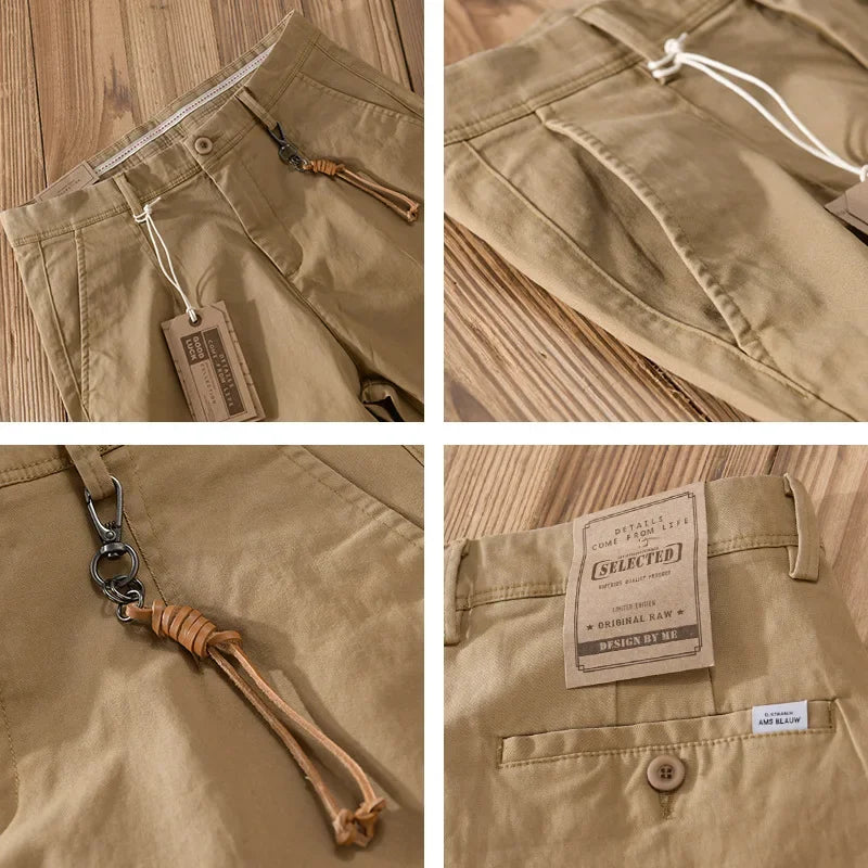 Collage of beige pants with various details on a wooden surface