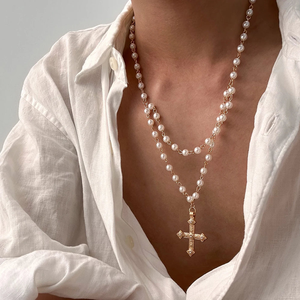 Rosa Cross Pearl Necklace - London Lake