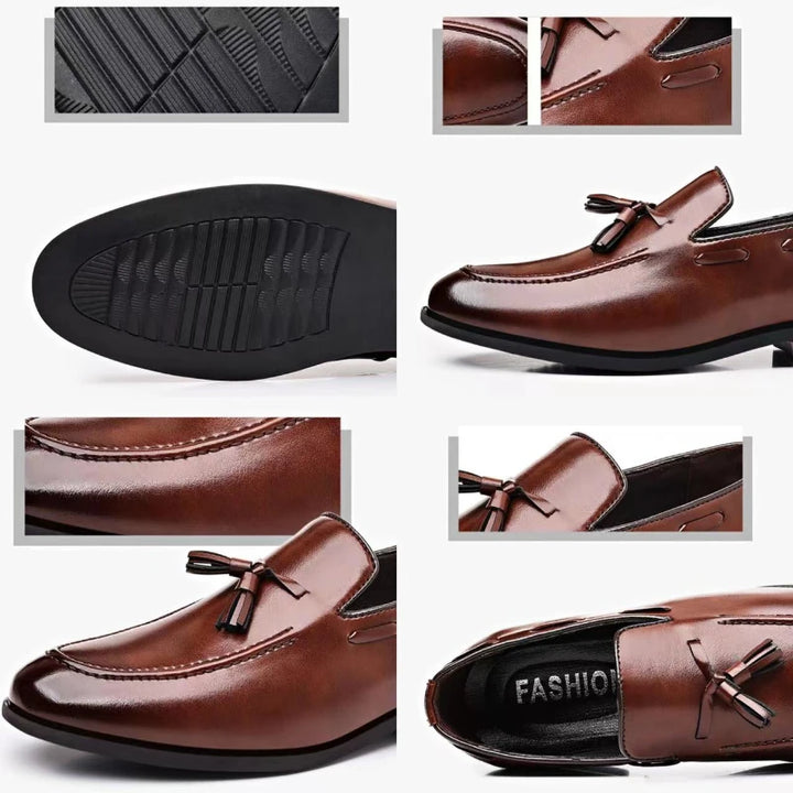 Brown loafers with tassels and detailed views of sole and design.