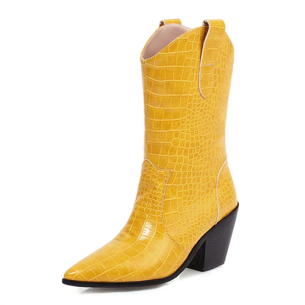 Yellow cowboy boot with black heel on a white background