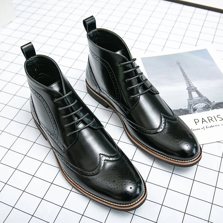 Pair of black leather dress shoes on a grid background with a magazine featuring the Eiffel Tower.