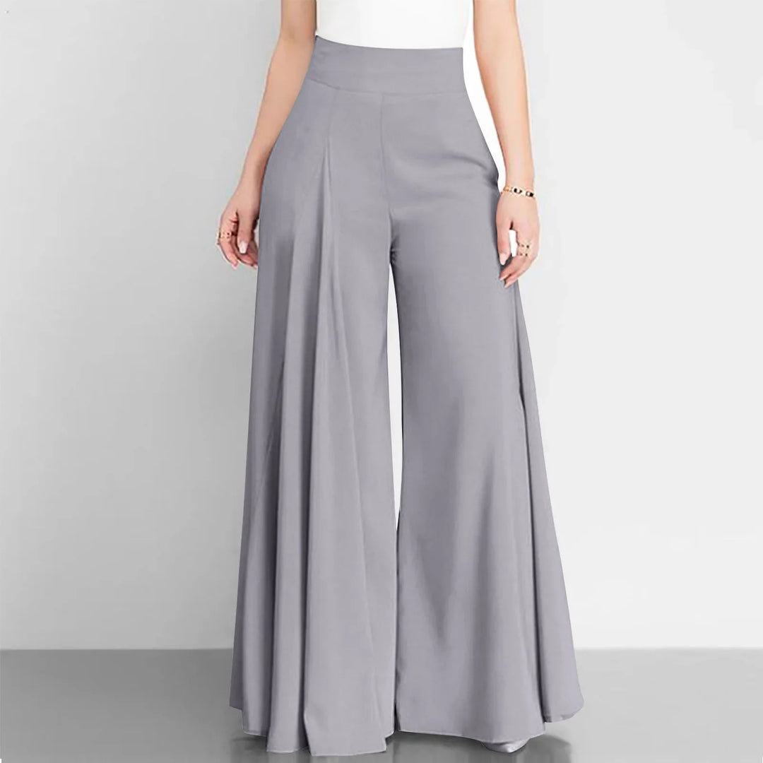 Gray wide-leg pants worn by a person on a plain background