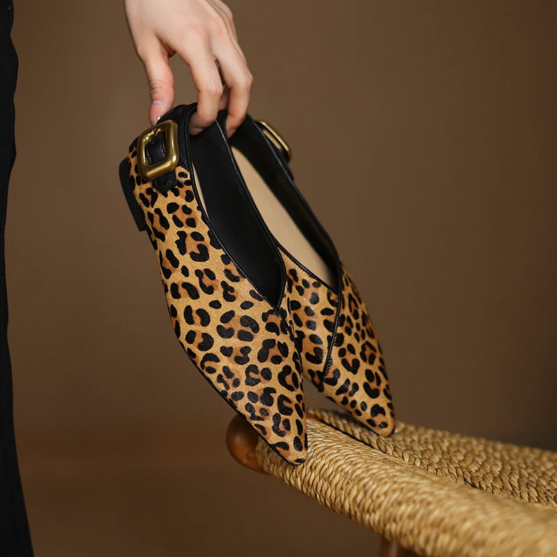 Leopard print shoes with a gold buckle held by a hand on a brown background