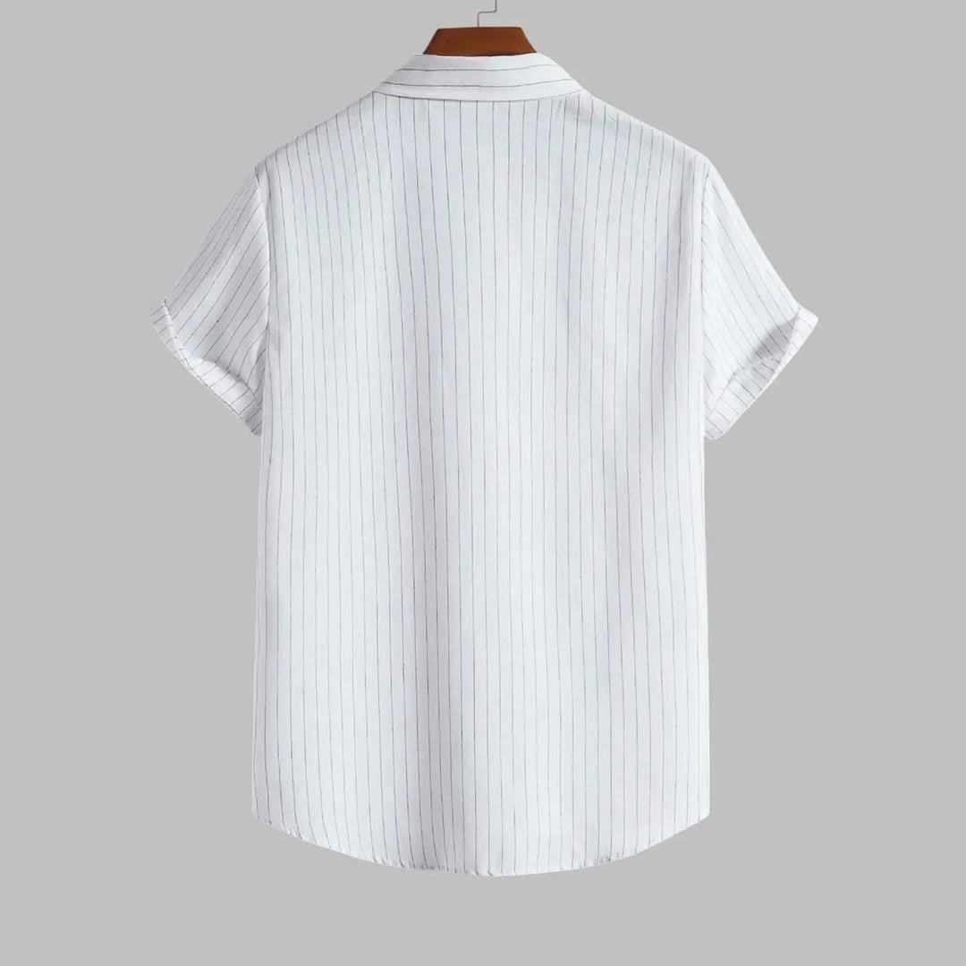 White short-sleeve shirt with thin blue stripes on a gray background