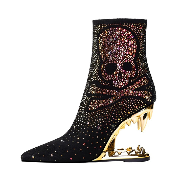 Black high-heeled boot with skull design and gold heel on a white background