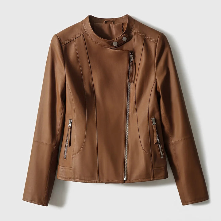 Brown leather jacket on a light gray background