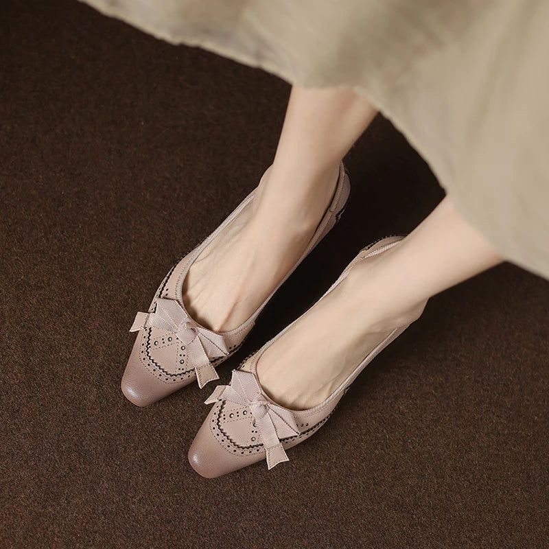 Square Toe Vintage Leather Bowknot Heels - London Lake
