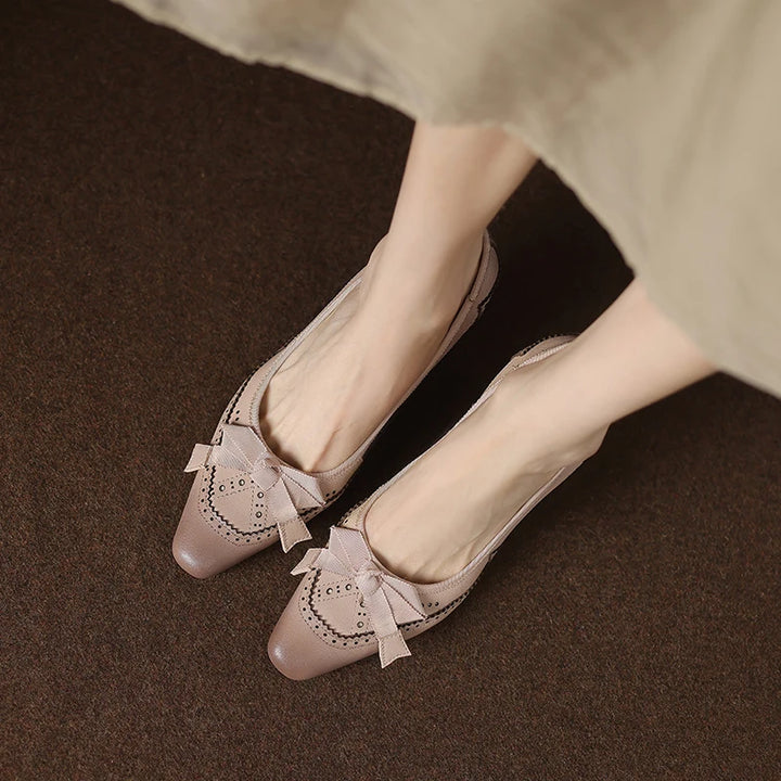 Square Toe Vintage Leather Bowknot Heels - London Lake