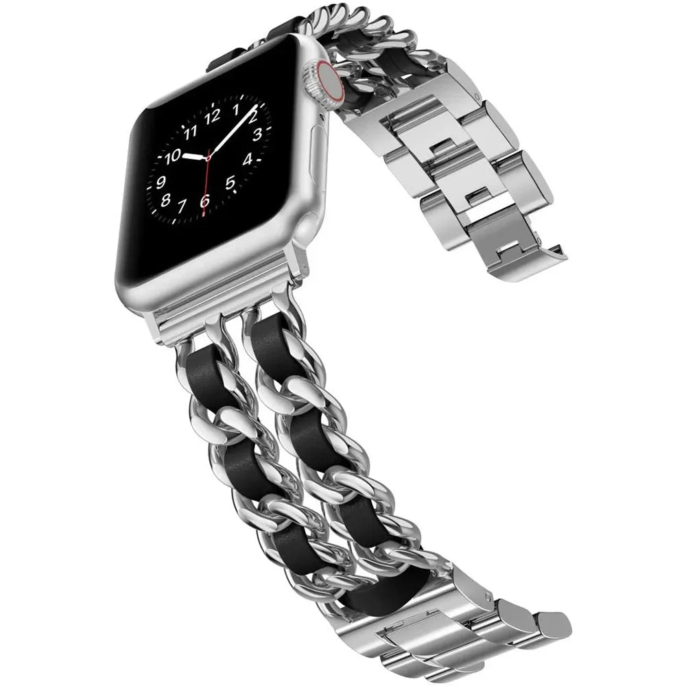 Smartwatch with a silver chain and leather strap on a white background