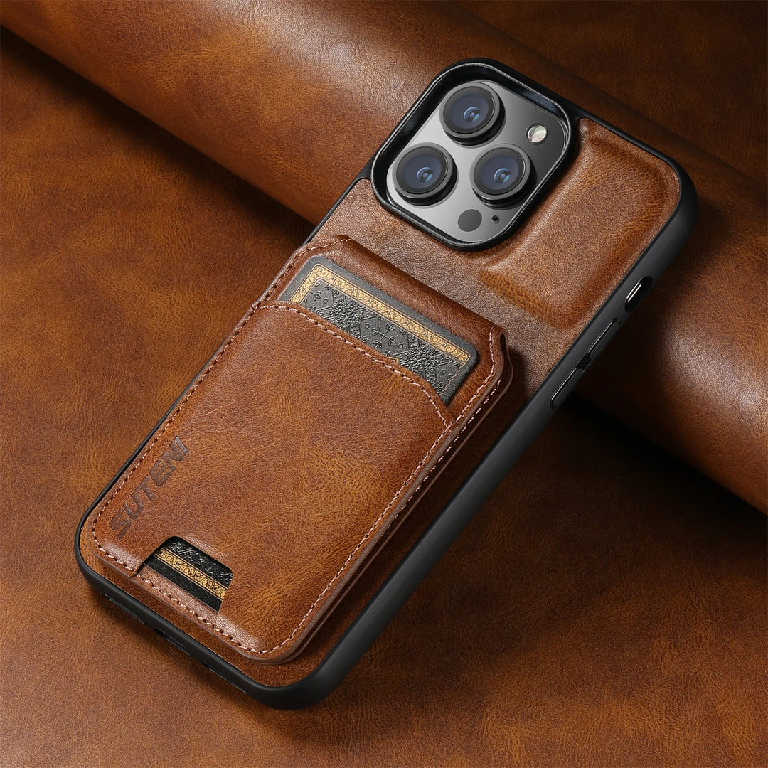 Brown leather phone case with card holder on a brown background