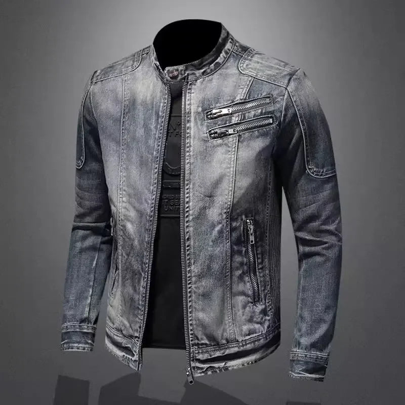 Denim jacket with zippers on a gray background