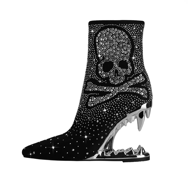 Black high-heeled shoe with skull and crossbones design on a white background