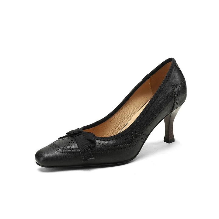 Square Toe Vintage Leather Bowknot Heels - London Lake