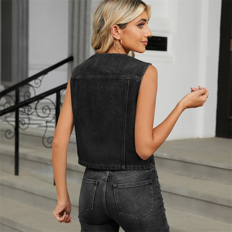 Woman wearing a black denim vest and jeans standing on steps.