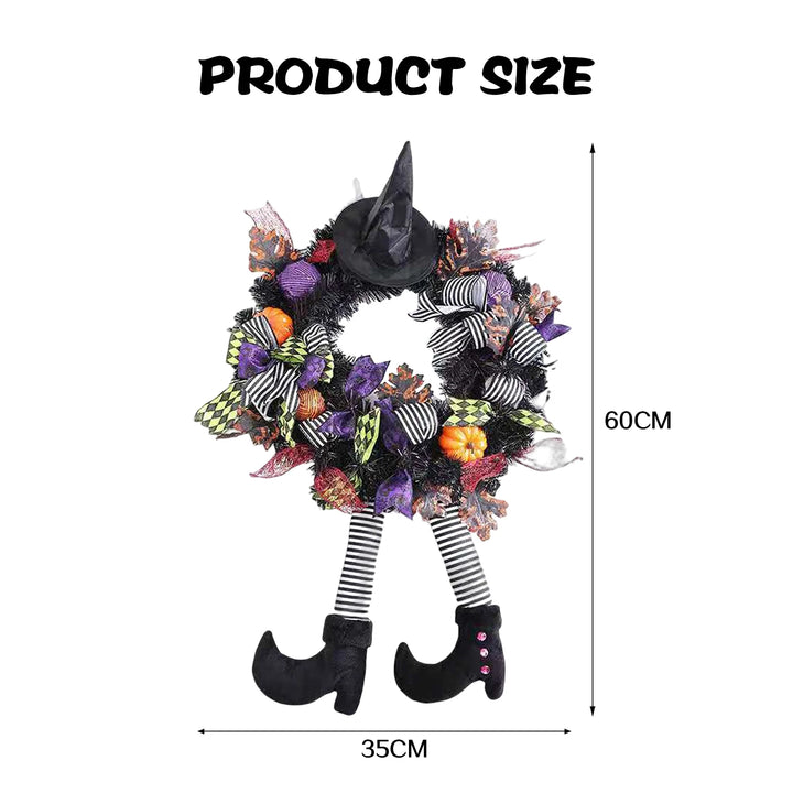 Halloween wreath with witch design, including a hat, legs, and shoes, with measurements indicated.