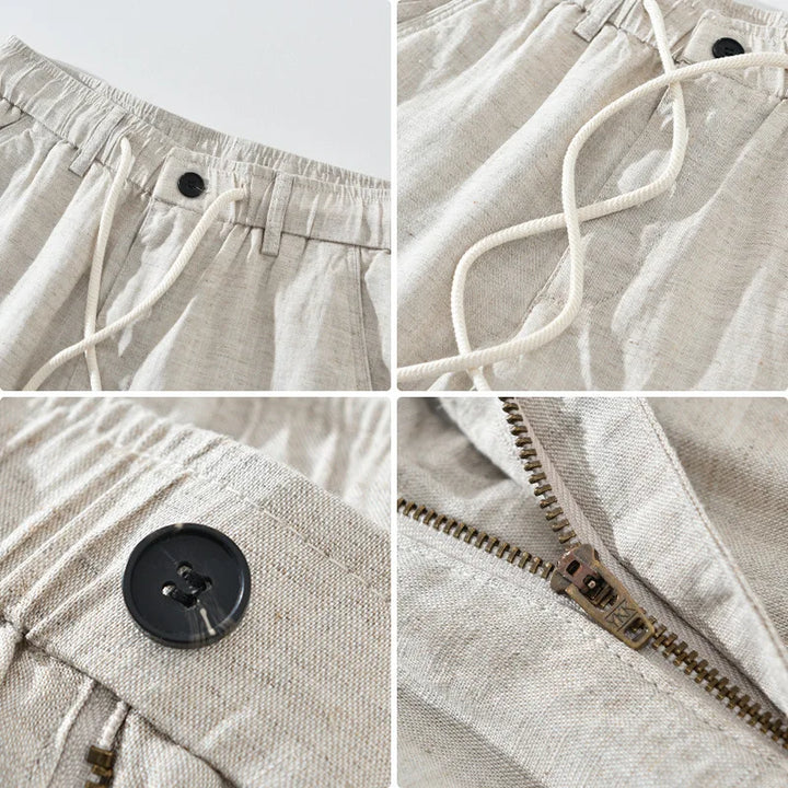 Collage of close-up details of beige pants with buttons and zippers on a light background