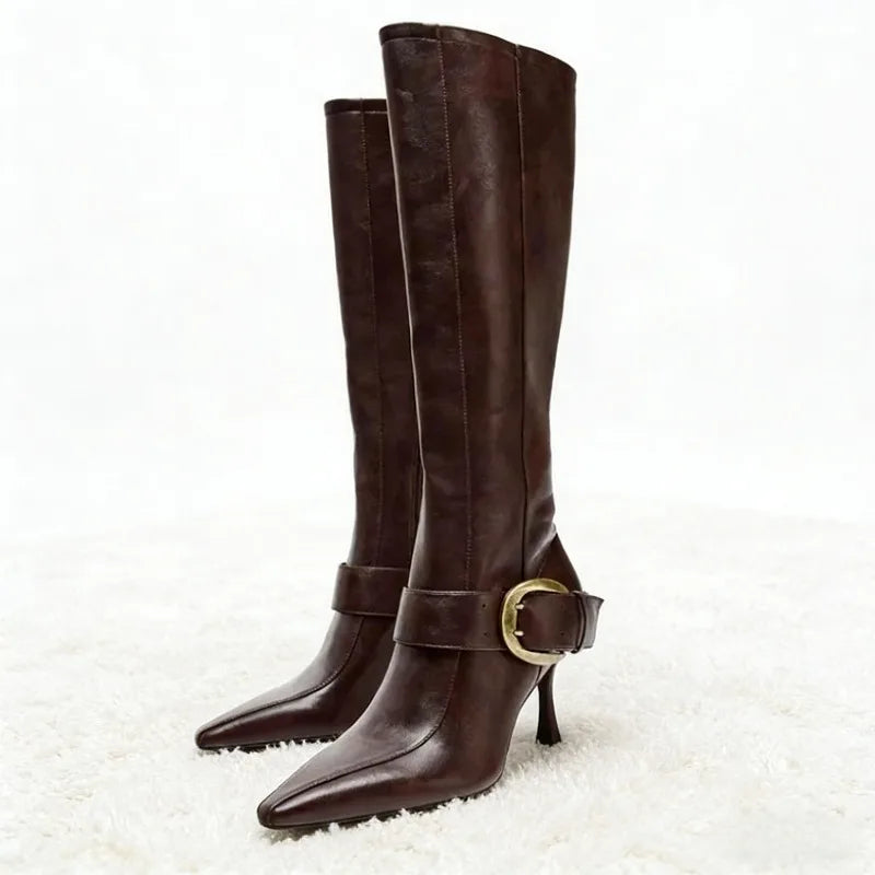 Gold Buckle Leather Knee high Boot - London Lake