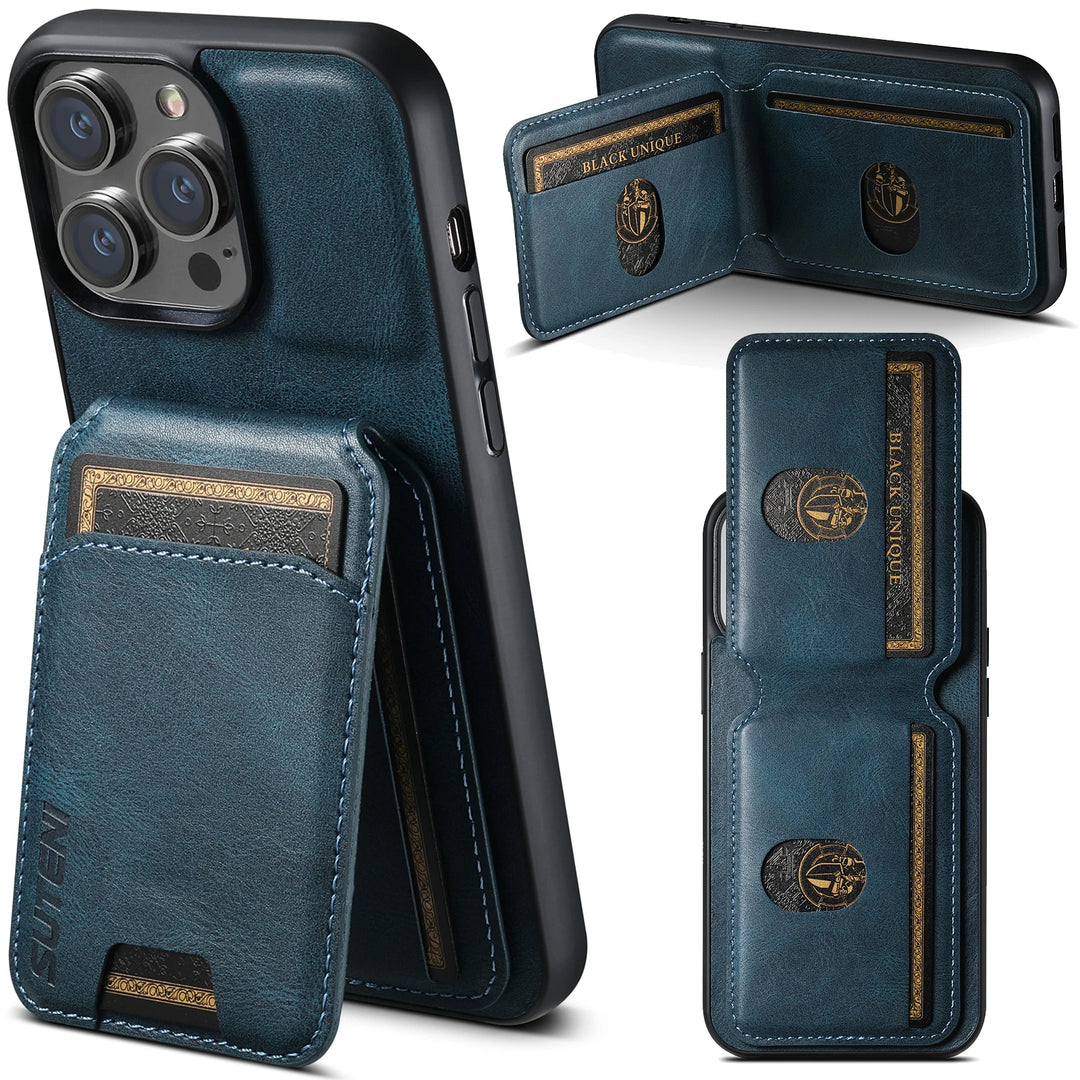 Blue phone case with card slots and brand logo on a white background