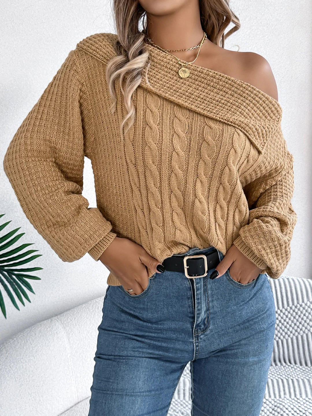 Breeze Knit Off-Shoulder Sweater - London Lake