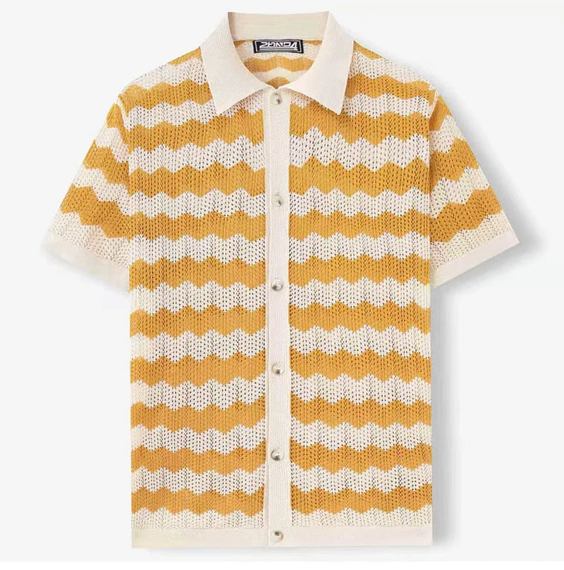 Wave Knit Button-Up Polo - London Lake