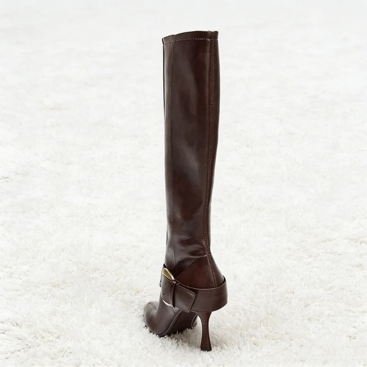 Gold Buckle Leather Knee high Boot - London Lake