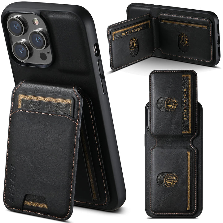 Black phone case with card holder and brand logo on a white background