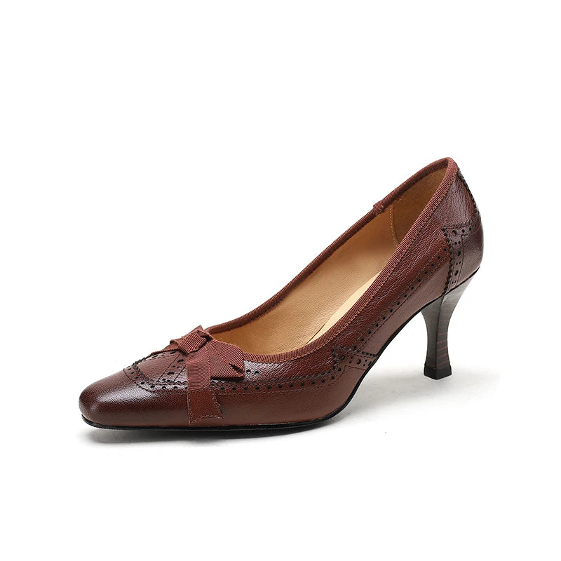 Square Toe Vintage Leather Bowknot Heels - London Lake