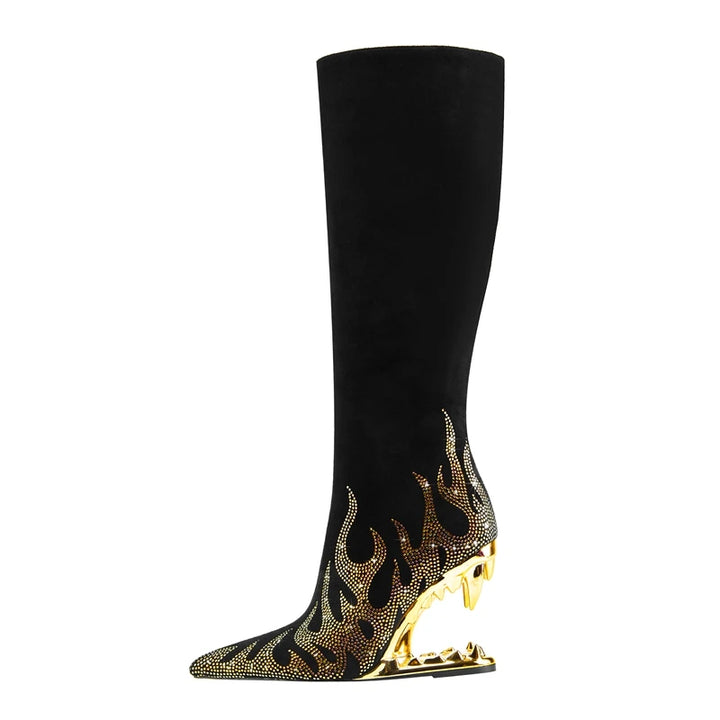 Black knee-high boot with gold flame design on a white background