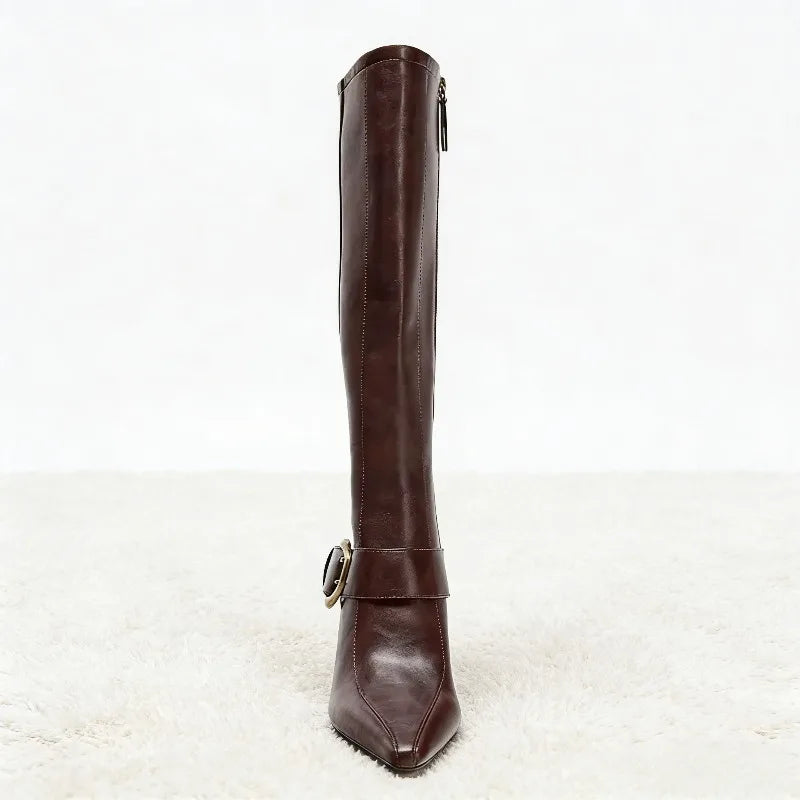 Gold Buckle Leather Knee high Boot - London Lake