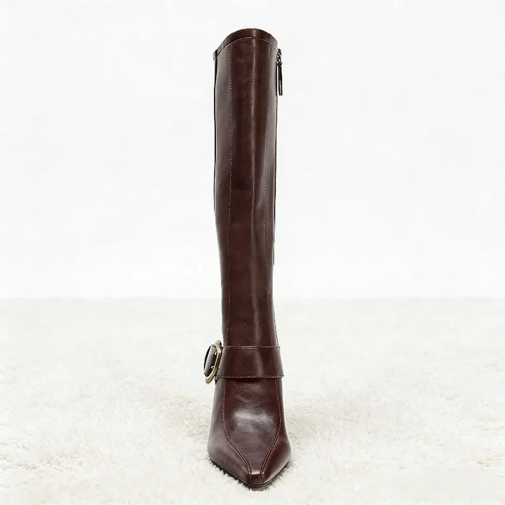 Gold Buckle Leather Knee high Boot - London Lake