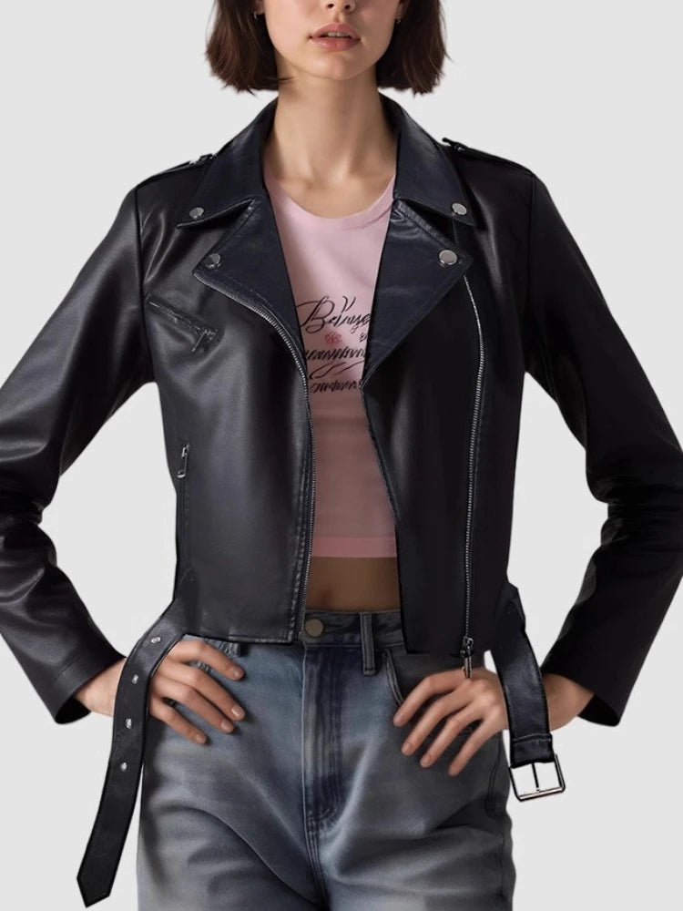 Zipper Short Faux Leather Motorcycle Jacket - London Lake