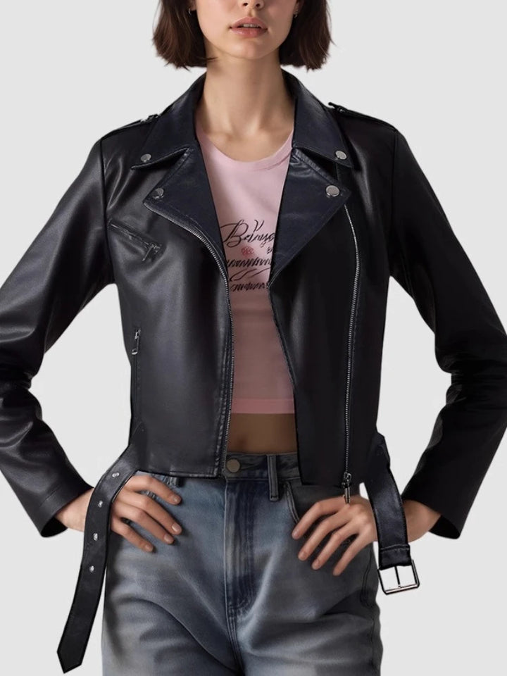Zipper Short Faux Leather Motorcycle Jacket - London Lake