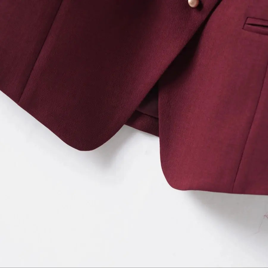 Close-up of a burgundy blazer on a white background