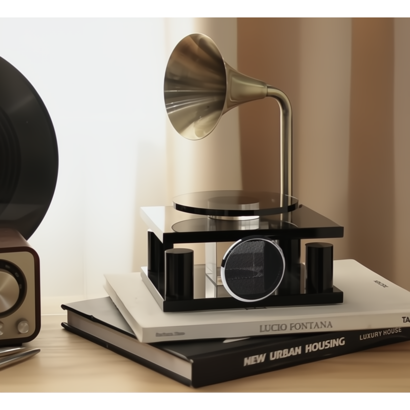 Decorative gramophone model on books with a blurred background